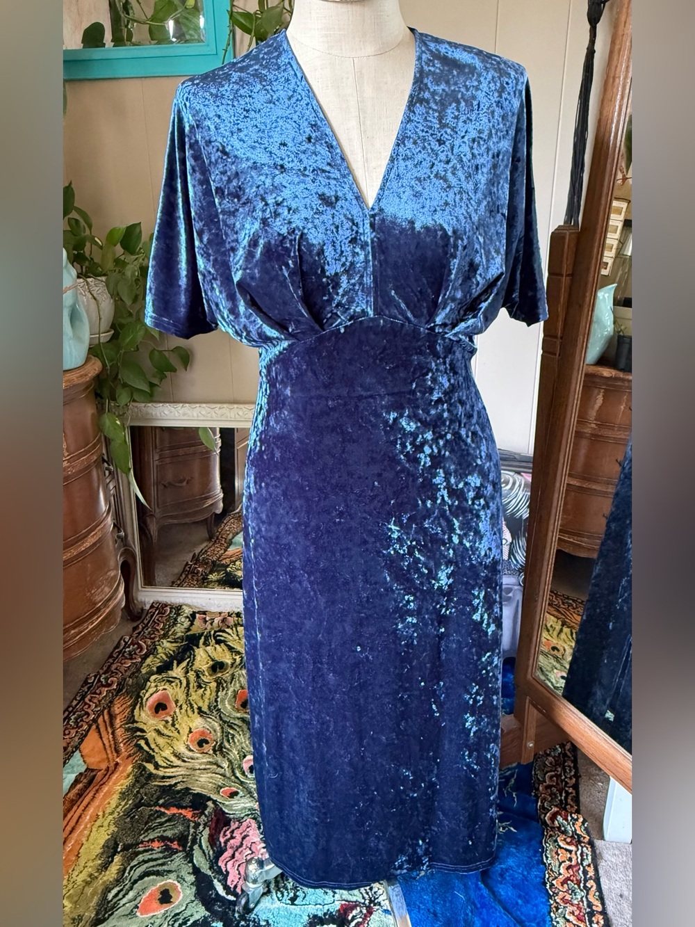 Vintage Yessica C&A Blue Velvet V-Neck Midi Dress, size EUR 38 (US Small)